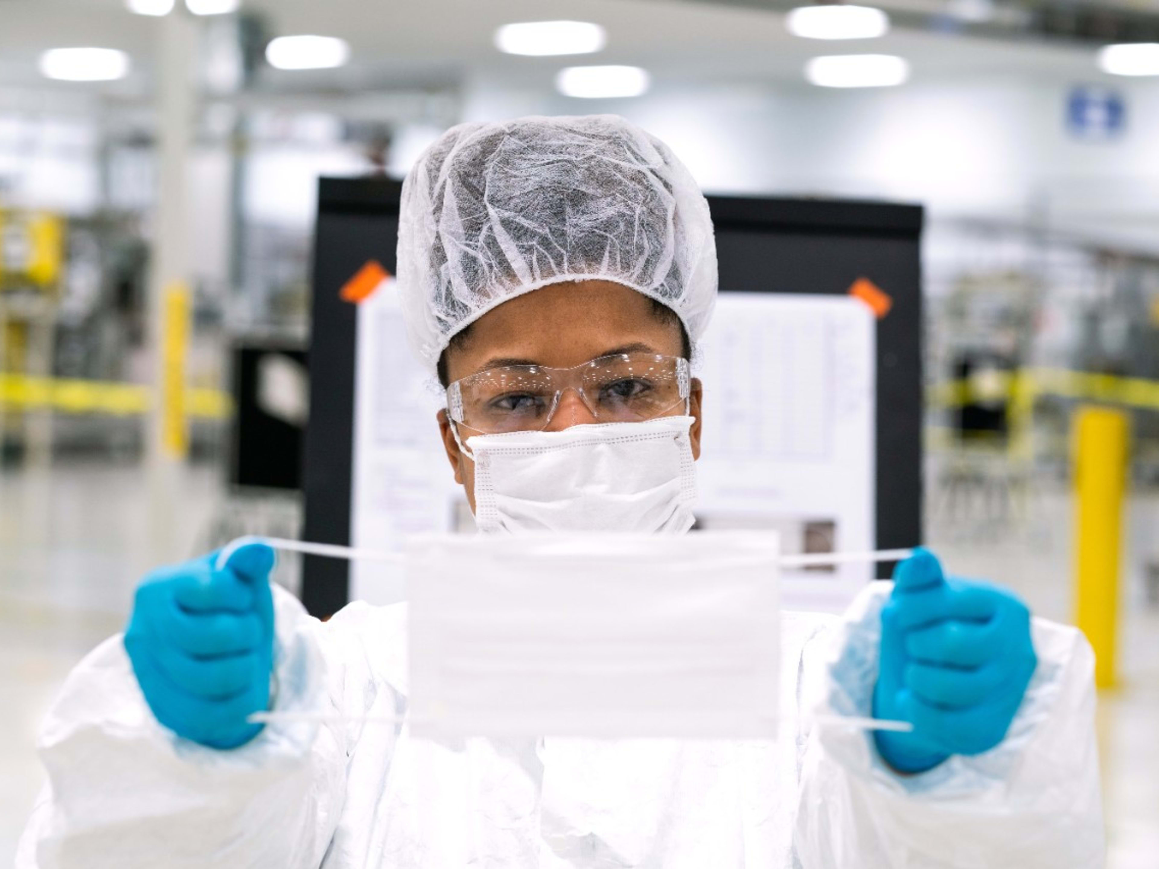Workers begin final preparation for manufacturing Level 1 face masks Wednesday, April 1, 2019 at the General Motors facility in Warren, Michigan. (Photo by John F. Martin for General Motors)