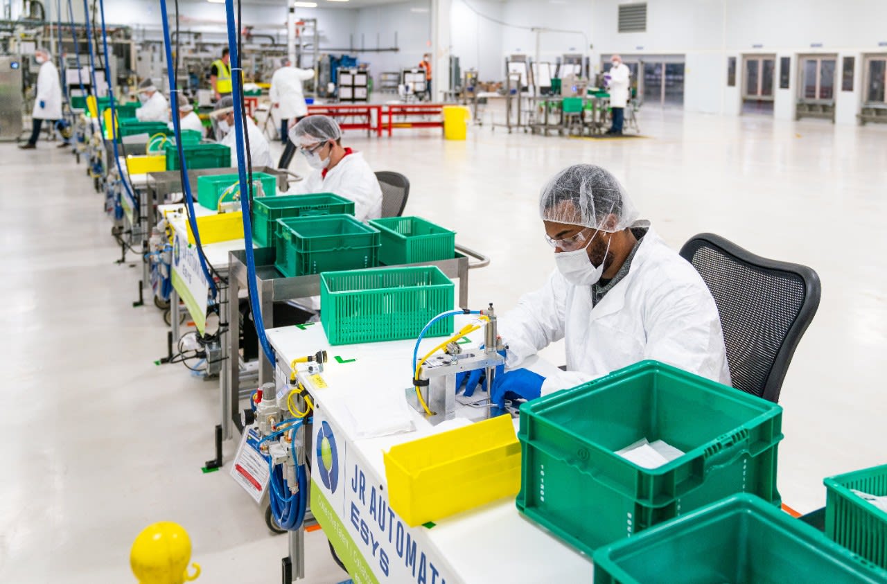 Workers begin final preparation for manufacturing Level 1 face masks Wednesday, April 1, 2019 at the General Motors facility in Warren, Michigan. (Photo by John F. Martin for General Motors)